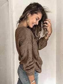 EMERY ROSE 女士纯色镂空V领休闲针织开衫 - 駝色 - 查看 3