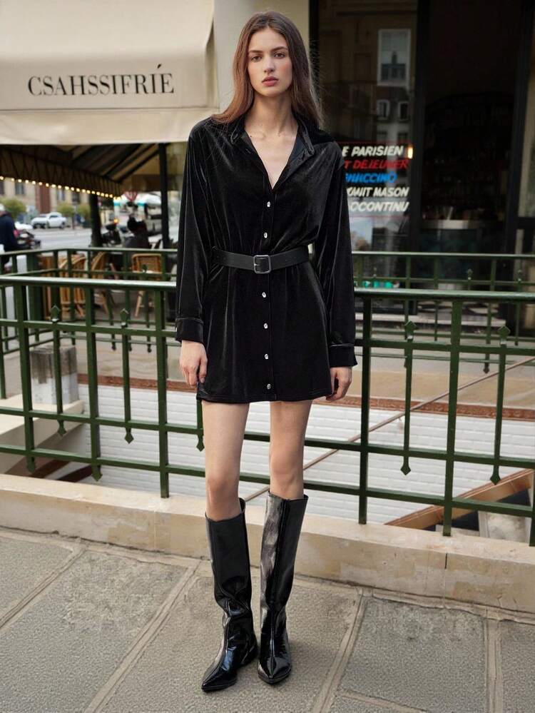 SHEIN Maija Women's Casual Solid Color Front Button Short Dress, Fall Clothes For Women,Halloween Costumes