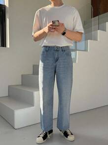 DAZY 纯蓝色男士休闲牛仔裤，简约时尚，适合秋季日常穿着 - 藍色 - 查看 5