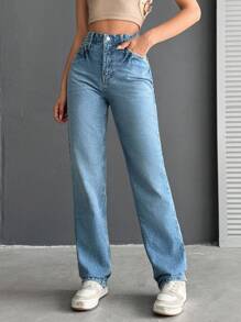 EURMUSE 100%Cotton High Waist Straight Leg Jeans - Blue - View 5