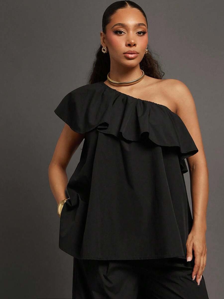 Vixey Top sin mangas con un hombro, con volantes superpuestos y tejido sólido