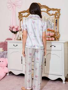 SweetSlumber 仿丝蝴蝶结条纹印花开衫睡衣套装 - 藍色 - 查看 2