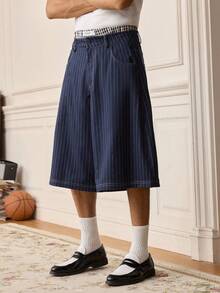 SWAVVY Pantalones capri casuales anchos de pierna suelta con bolsillo a rayas para hombres - Azul - Ver 2