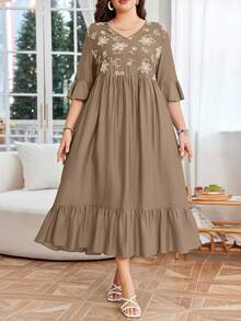 Lacomfia فستان أنيق بياقة على شكل حرف V بدون أكمام، مزخرف بطبعات زهرية فاخرة، متعدد الطبقات، مناسب للمقاسات الكبيرة