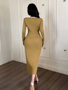 Modelyn Elegant Contrast Trim Metal Buckle Dry Leaf Yellow Women Sweater Dress, Suitable For Autumn And Winter - Mustard Yellow - View 7
