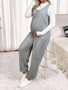 SHEIN Maternity Solid Color Versatile Knit Scoop Neck Sleeveless Jumpsuit - Grey - View 6
