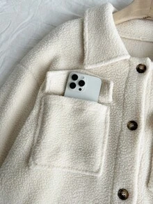 SHEIN EZwear Plus Size Casual Versatile Faux Fur Long Coat, Autumn/Winter White Sherpa Jacket - Beige - View 5
