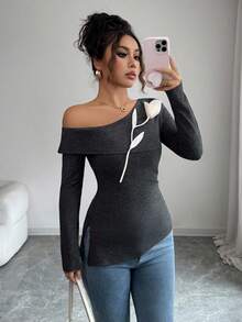 Elenzga Tricou elegant pentru femei, cu mânecă bufantă, decorat cu nasturi, tiv divizat, guler rotund - Caisă - Vizualizare 1