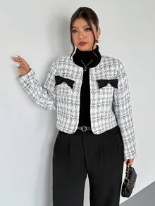 Firerie 加大码女式法式短款格子夹克，长袖，蝴蝶结装饰口袋，适合情人节、音乐会、演出 - 黑與白 - 查看 5