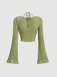 SHEIN MOD Green Flare Sleeve Pendant Collar Ruched Tie Back Asymmetrical Hem Tee - Lime Green - View 2