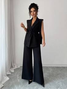 Elenzga 喇叭袖设计翻领背心套装搭配阔腿裤 - 黑色 - 查看 6