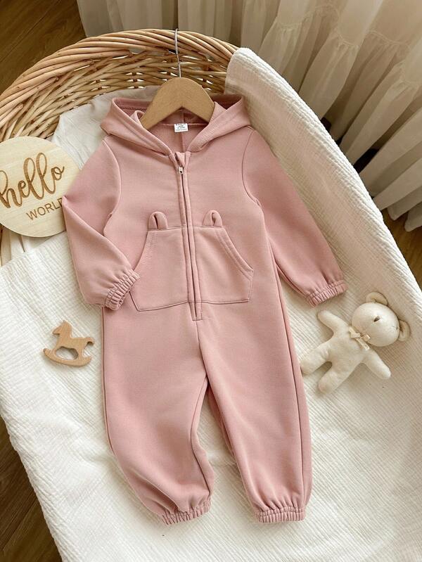 SHEIN Babygirl Baby Girl Fashion Lady Elegant Cute Casual Versatile Knitted Pink Hooded Three-Dimensional Pocket Jumpsuit Jumpsuit, Suitable For Autumn And Winter, Simple And Versatile Style Suitable For Indoor, Outdoor, Daily, Sports, Play, Party, Photo, Vacation, Festival, Autumn And Winter Baby Girl Newborn Winter Wear Jumpsuit Jumpsuit Baby Jumpsuit Jumpsuit Toddler Girl Clothes Hooded Baby Casual Jumpsuit Jumpsuit Fall