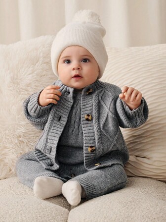 Cozy Pixies Newborn Baby Boy/Girl 2pcs Set: Twist Cable Pattern Crew Neck Long Sleeve Sweater & Bib Overalls Baby Boy Knitted Set Baby Sweater Romper Warm Baby Clothes Knitted Baby Jumpsuit Baby Boy Winter Clothes Fall