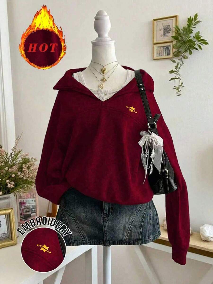 Lalippa Sudadera casual y versátil con cuello de media cremallera y detalles bordados - Burdeos - Ver 1