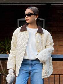 DAZY Women's Casual Contrast Color Patchwork Padded Coat Jacket Winter - Beige - View 1