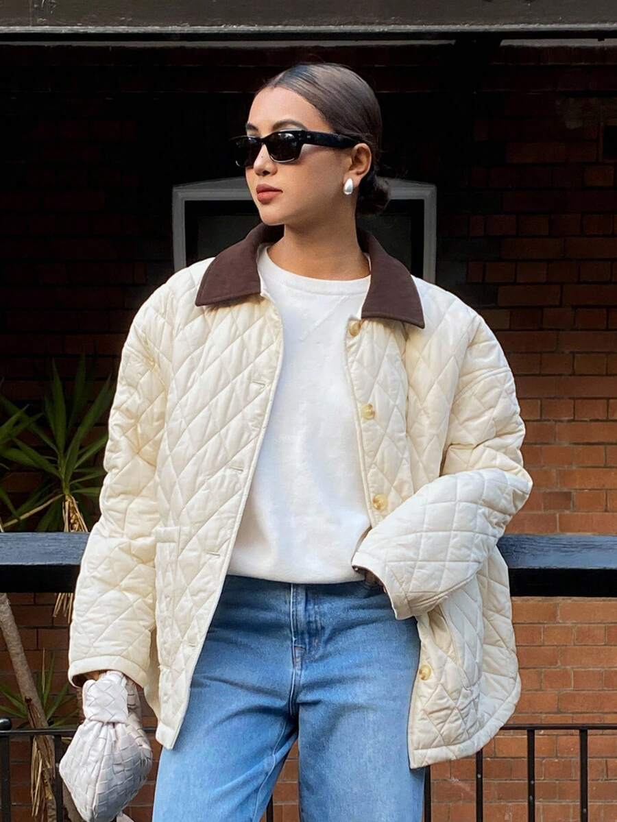 DAZY Women's Casual Contrast Color Patchwork Padded Coat Jacket Winter - Beige - View 1