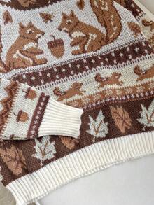 Franclia Women's Fall Casual Everyday Cartoon Squirrel & Leaf Patchwork Pattern Dropped Shoulder Loose Pullover Sweater, Autumn/Winter