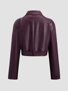 SHEIN Unity 女式纯色长袖宽松设计 PU 皮革摩托车夹克，秋季 - 紫色 - 查看 2