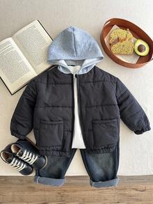 SHEIN Young Boys' Casual Thick Contrast Color Hooded Jacket, Comfortable & Versatile For Back To School, Autumn/Winter Fall