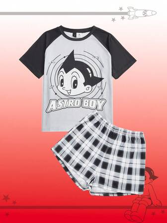 Astro Boy X ROMWE Conjunto de pijama informal con top de manga corta raglán con figura de dibujo animado en bloques de color y pantalones cortos a cuadros