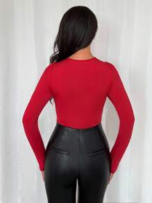 Chiquease Body de mujer con cuello en V, diseño de parches de malla calada y burbujas - Burdeos - Ver 2