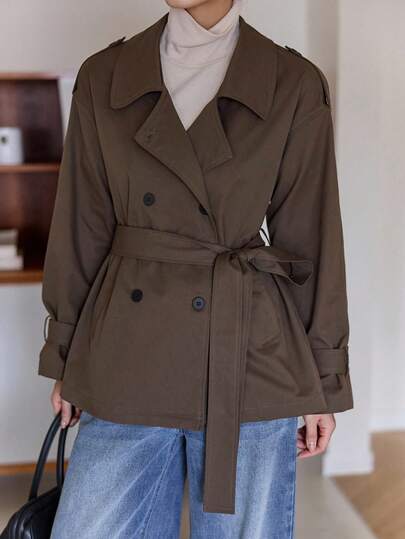 DAZY Women's Lapel Short Sleeve Belted Loose Casual Trench Coat Jacket Fall/Winter
