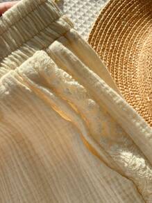 Comfortcana 女式杏色休闲蕾丝拼接阔腿裤，夏季 - 杏色 - 查看 5