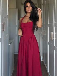 Ronhire Vestido feminino com decote halter e laço franzido, trajes de festa femininos em vermelho, trajes de véspera de Ano Novo, vestido de baile de máscaras, trajes de aniversário femininos, vestido vermelho sexy, vestido com laço, vestido de princesa feminino para o Ano Novo - Vermelho - Ver 6