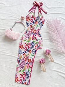 Soleia 女士度假彩色佩斯利印花不对称下摆挂脖蝴蝶结修身迷你连衣裙，不对称下摆开衩长裙，时尚派对、约会、音乐节、狂欢节、海滩 - 彩色 - 查看 4