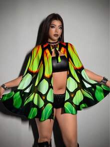 Whyspr Chaqueta capa romántica con estampado de mariposa fluorescente personalizada para mujer de talla grande