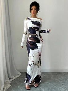Rafferiza 女士全身印花不对称领口长袖收腰连衣裙长款女装 - 彩色 - 查看 4