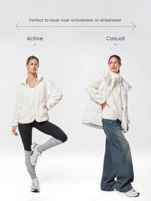 GLOWMODE 羊毛柔软保暖防风弧形领下摆设计及臀拉链夹克，带侧袋，日常休闲装秋冬 - 白色 - 查看 2