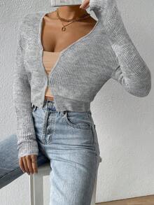 SHEIN Essnce 女式休闲 V 领纽扣前开衫，轻盈纯色，适合日常穿着，秋季 - 淺灰色 - 查看 6