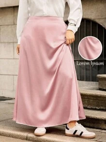 Elenzga Plus Size Elegant Satin Silk Shiny Texture Skirt - Baby Pink - View 3