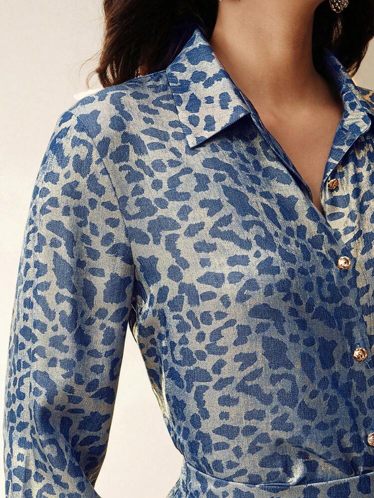 レディース 秋冬 新作 スタイリッシュ ヴィンテージ エレガント ファッション カジュアル 快適 ブルーレオパード柄 ラペル 長袖 ルーズ ベーシックブラウス、デート、パーティー、ハロウィン、クリスマス、通勤に適しています