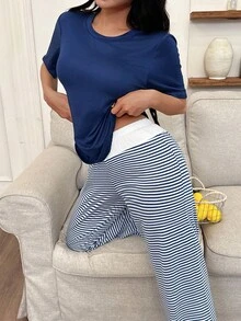 SHEIN Dream Adore 女式休闲纯色针织短袖上衣和条纹直筒睡裤两件套女士睡衣套装女士休闲裤蓝白条纹睡衣套装蓝白睡衣 - 彩色 - 查看 6