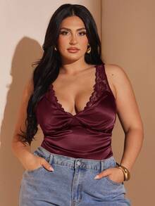 SHEIN BAE Plus Size Women Lace & Satin Splice Minimal Camisole, Suitable For Date Night, Friend Gathering, Birthday Party, Cocktail Party, Valentine's Day, Night Club, Holiday Party,Women's Solid Color Lace And Satin Camisole Tank Top, Suitable For Date Night, Girlfriends Gathering,School Clothes,Fall Clothes,Autumn,Y2k Clothes,Night Out/,