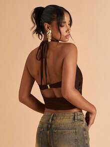 SHEIN BAE Áo hở lưng hở vai họa tiết hoa kim loại gợi cảm cho nữ - Cà phê nâu - Xem 2