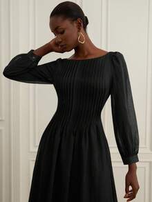 Aveloria Rosie New Romantic Vintage Tea Party Dress, Loose Fit Slimming, Elegant Off Shoulder Ruched Design, Lightweight Sheer Fabric, Puff Sleeves, Solid Color - Black - View 5