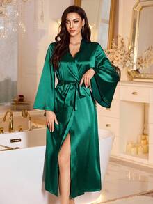 LuxeNights French Elegant Loose Long Robe, Women Sleepwear Robe, Green Long Satin Robe, For Fall, Winter - Dark Green - View 5