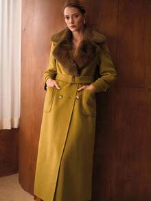 MOTF PREMIUM CONTRAST FUZZY LAPEL COLLAR PATCH POCKET BUCKLE BELTED OVERCOAT - Yellow - View 9
