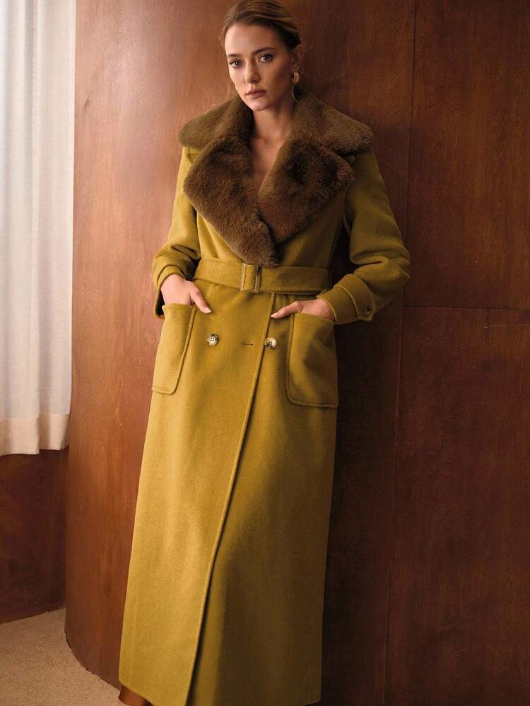 CONTRAST FUZZY LAPEL COLLAR PATCH POCKET BUCKLE BELTED OVERCOAT