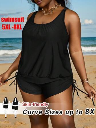 SHEIN CURVE+ Plusstorlek Sommar Strand Enkel Enfärgad Ärmlös Rynkad Tankini Set Dam Tvådelat Set Shorts Dam Korta Set Dam Sommar 2 Delat Set Bekvämt Tvådelat Set Tvådelat Shorts Set Tvådelat Kort Set Dam Höstkläder För Dam, Vinter, CURVE PLUS