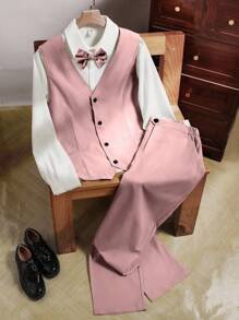 SHEIN Set de 2 piezas Traje de caballero para adolescentes, chaleco ajustado en verde menta + pantalón largo con textura, conjunto elegante y formal para cumpleaños, fiesta, boda, graduación - Rosa - Ver 3