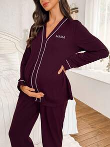 SHEIN Contrast Trim V-Neck Robe, Letter Embroidery Long Sleeve Top & Pants Maternity Lounge Set, Fall & Winter Clothes, Cozy Outfits