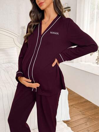 SHEIN Contrast Trim V-Neck Robe, Letter Embroidery Long Sleeve Top & Pants Maternity Lounge Set, Fall & Winter Clothes, Cozy Outfits
