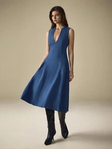 Selenza 女式休闲缺口领口收腰无袖牛仔连衣裙，夏季 - 藍色 - 查看 6