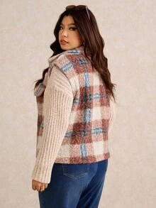 Elaquor Chaqueta sin mangas de lana a cuadros minimalista y casual para mujer de talla grande, versátil para el hogar y el exterior, otoño/invierno - Multicolor - Ver 2