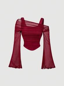 SHEIN MOD 2 件女式荷叶边喇叭袖不对称肩部时尚 T 恤，红色和黑色 - 紅色和黑色 - 查看 5