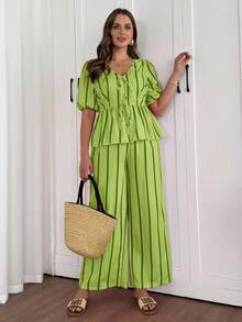 Vionelle 大码粉色条纹蝴蝶结短袖两件套 - 綠色 - 查看 4